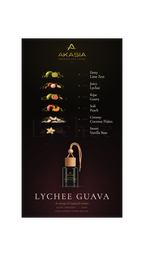 Akasia Lychee Guava car scent bottle on a dark background with ingredient illustrations and text listing Zeaty, Lime Zest, Juicy Lychee, Ripe Guava, Soft Peach, Creamy Coconut Flakes, and Sweet Vanilla Base.