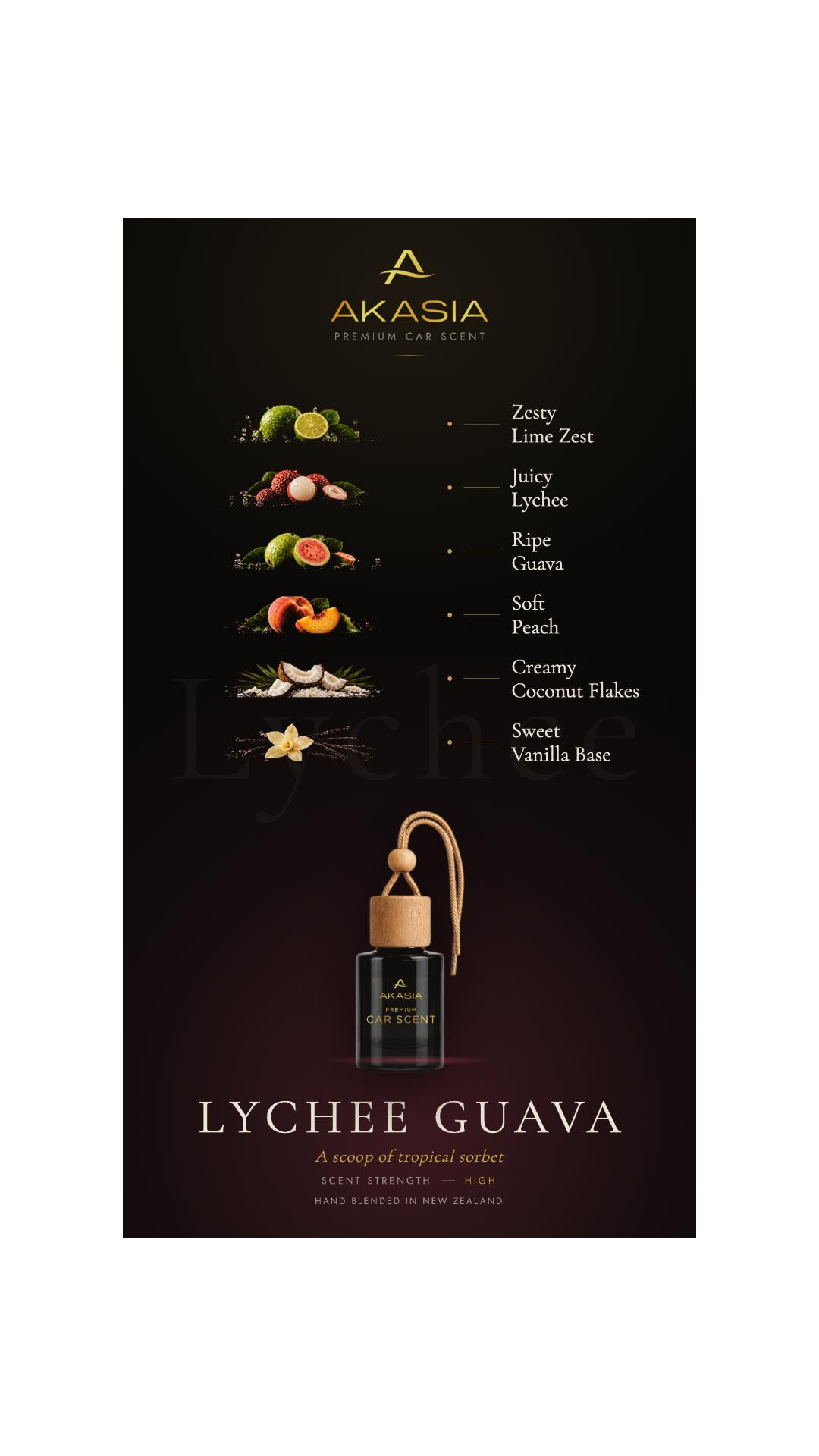 Akasia Lychee Guava car scent bottle on a dark background with ingredient illustrations and text listing Zeaty, Lime Zest, Juicy Lychee, Ripe Guava, Soft Peach, Creamy Coconut Flakes, and Sweet Vanilla Base.
