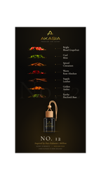 Akasia No. 12 premium car scent bottle with a dark glass body, light wood cap, and leather loop, shown on a black background with ingredient notes for various scent notes like Blood Grapefruit, Mint, Cinnamon, Rose Absolute, Leather, Amber, and Patchouli.