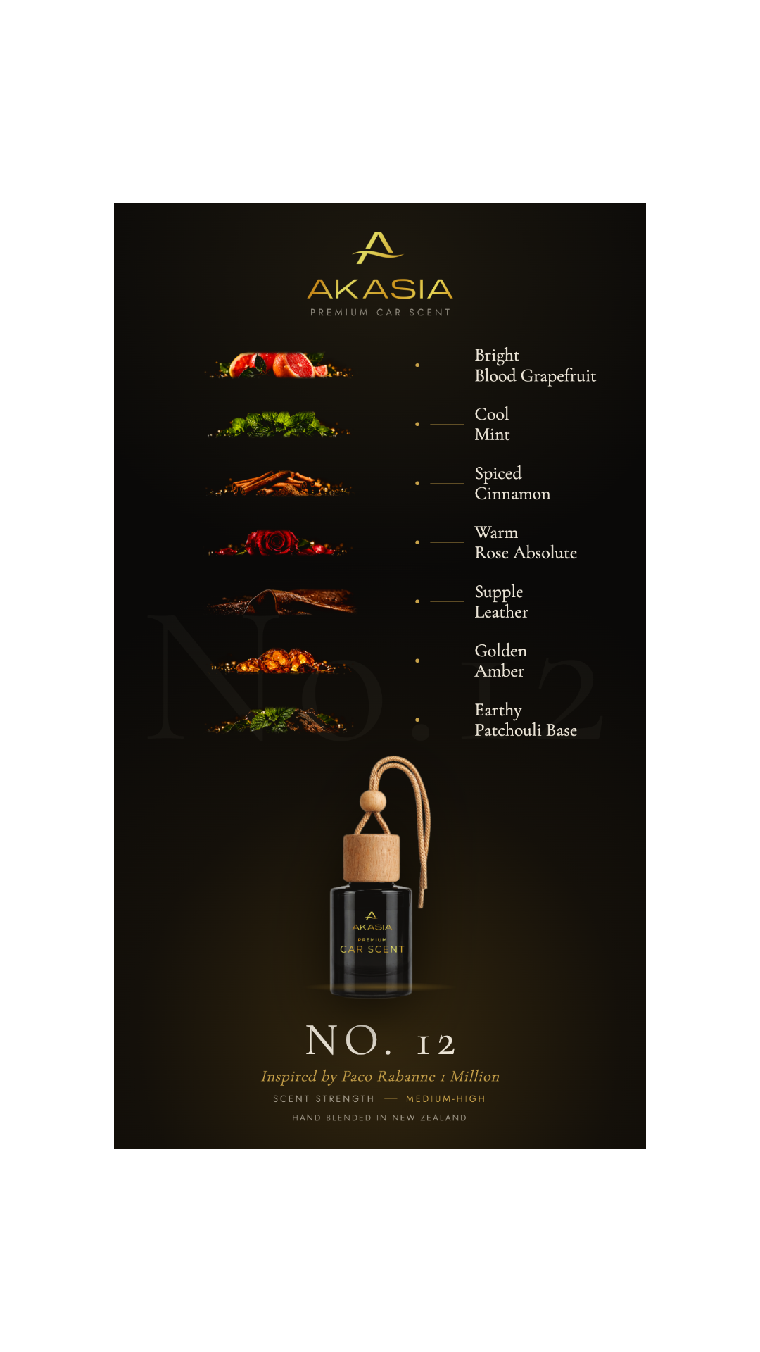 Akasia No. 12 premium car scent bottle with a dark glass body, light wood cap, and leather loop, shown on a black background with ingredient notes for various scent notes like Blood Grapefruit, Mint, Cinnamon, Rose Absolute, Leather, Amber, and Patchouli.