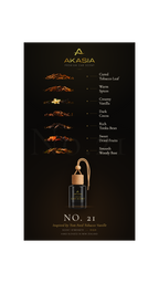 Akasia Premium Car Scent No. 2 Tobacco Vanille scent profile graphic on a black background, showing ingredient illustrations and text listing Cured Tobacco Leaf, Warm Spices, Creamy Vanilla, Dark Cocoa, Rich Tonka Bean, Sweet Dried Fruits, and Smooth Woody Base, with a small bottle illustration below.