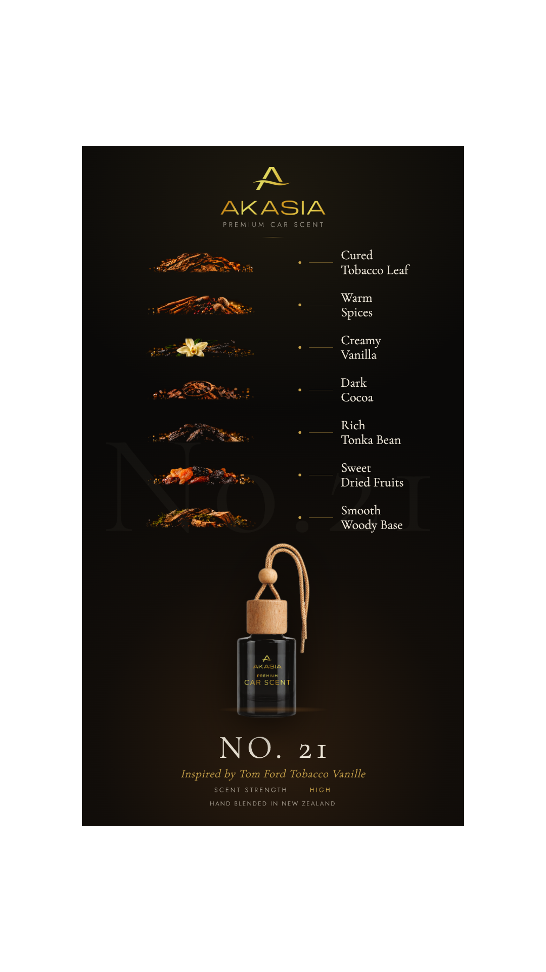 Akasia Premium Car Scent No. 2 Tobacco Vanille scent profile graphic on a black background, showing ingredient illustrations and text listing Cured Tobacco Leaf, Warm Spices, Creamy Vanilla, Dark Cocoa, Rich Tonka Bean, Sweet Dried Fruits, and Smooth Woody Base, with a small bottle illustration below.