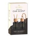 Akasia Premium Car Scent retail packaging box, featuring two 10ml black bottles with wooden diffusers on a clean white background.