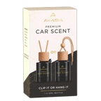 Akasia Premium Car Scent retail packaging box, featuring two 10ml black bottles with wooden diffusers on a clean white background.