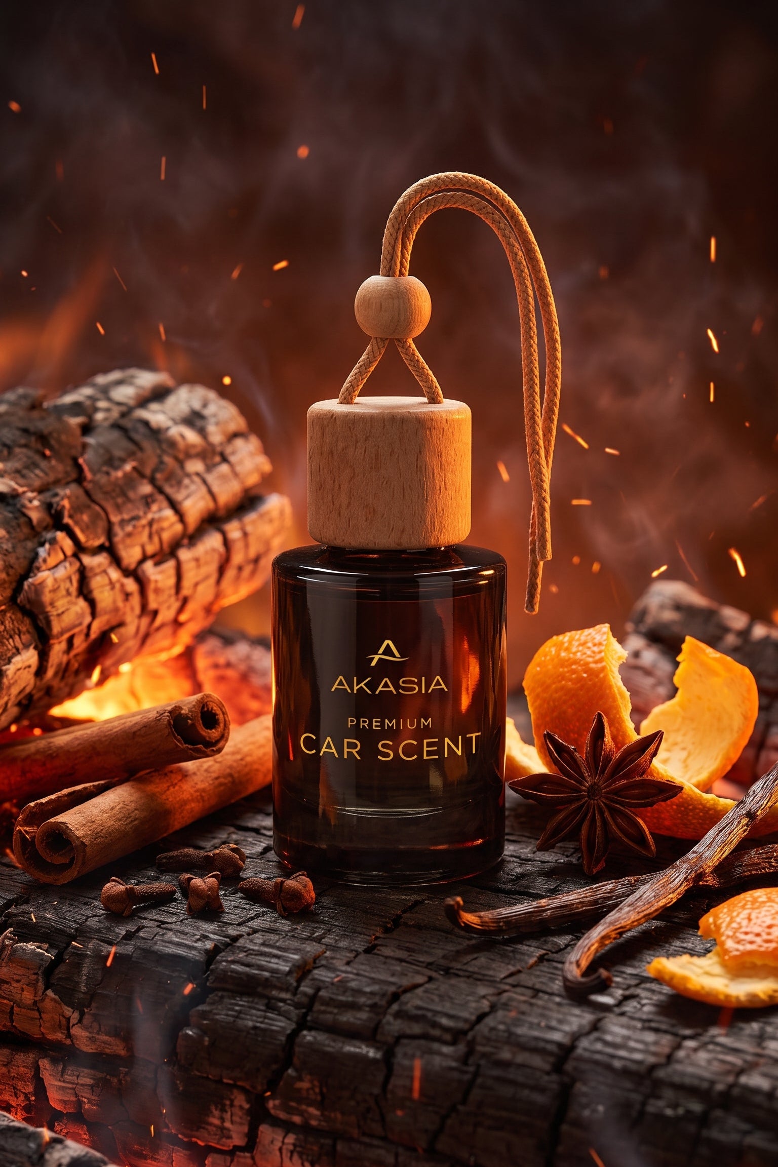 A dark amber glass car fragrance bottle with a light wood cap and hanging cord, labeled AKASIA PREMIUM CAR SCENT, placed on a log with cinnamon sticks, orange peel, star anise, and embers in the background.