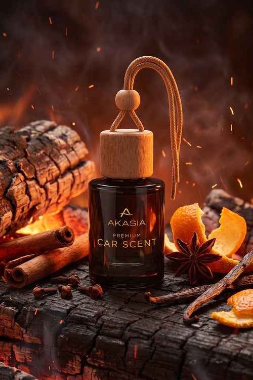 A dark amber glass car fragrance bottle with a light wood cap and hanging cord, labeled AKASIA PREMIUM CAR SCENT, placed on a log with cinnamon sticks, orange peel, star anise, and embers in the background.