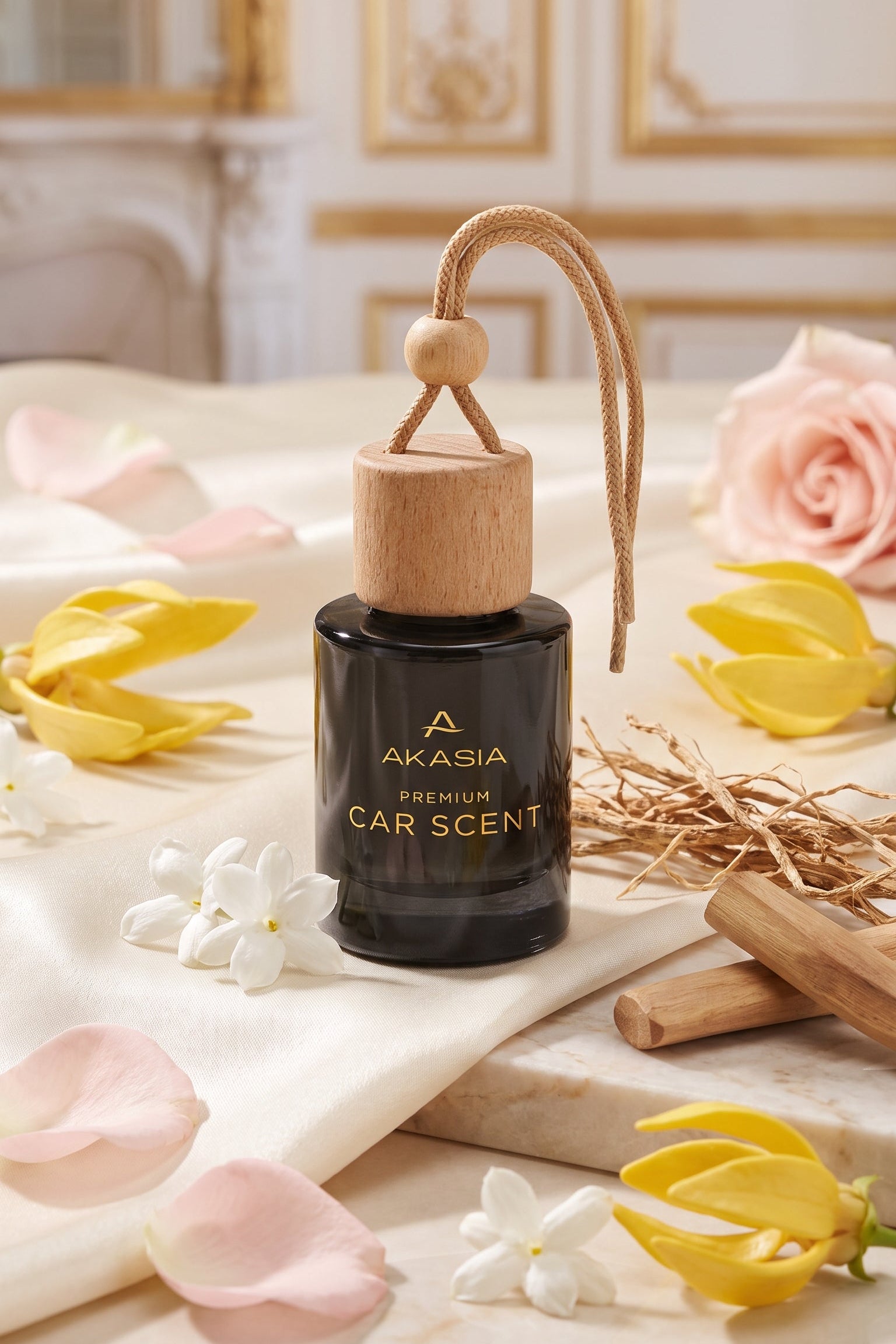 A bottle of Akasia Premium Car Scent with a natural wood cap and hanging loop, styled on a marble surface with pink rose petals, yellow tulips, and dried botanicals in a warm, elegant interior setting.