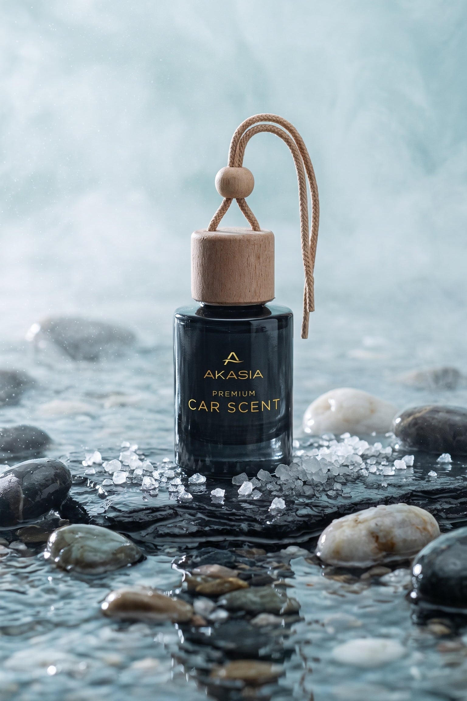 A car fragrance bottle labeled AKASIA PREMIUM CAR SCENT, with a dark glass body, light wood cap, and hanging cord, placed among stones in shallow water with a misty blue background.