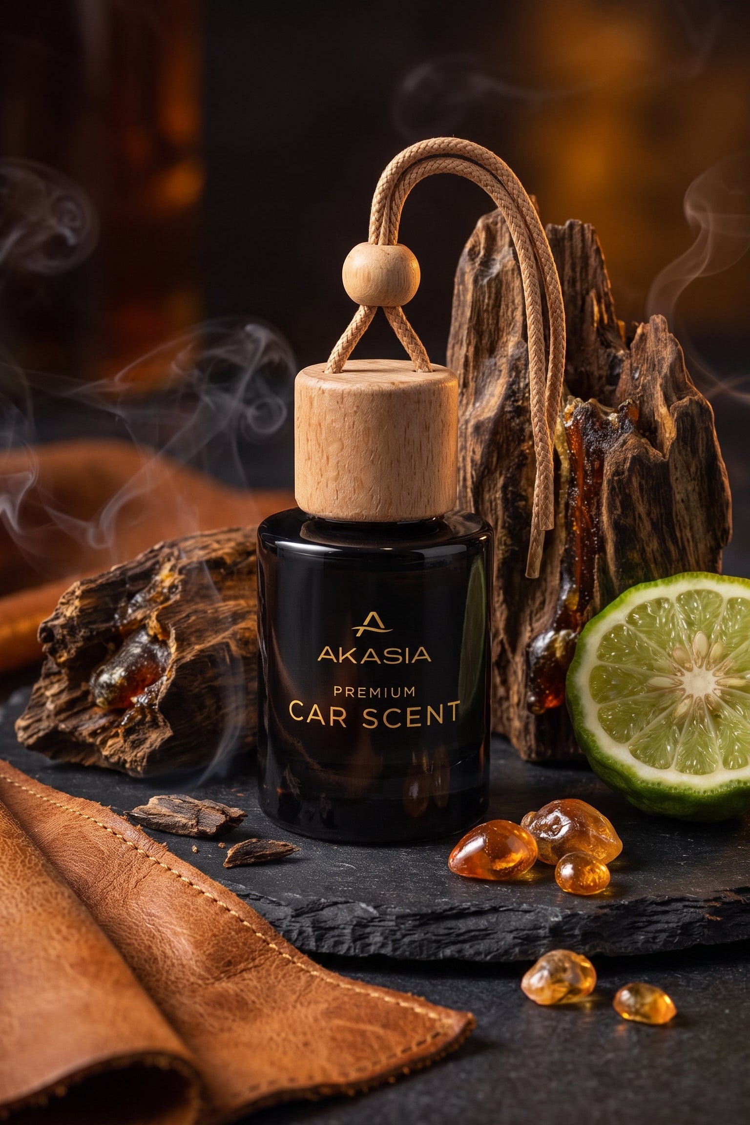 A black glass car fragrance bottle with a natural wood cap and loop, labeled AKASIA Premium Car Scent, styled on a dark surface with wood bark, a lime slice, amber droplets, and a folded brown leather cloth.