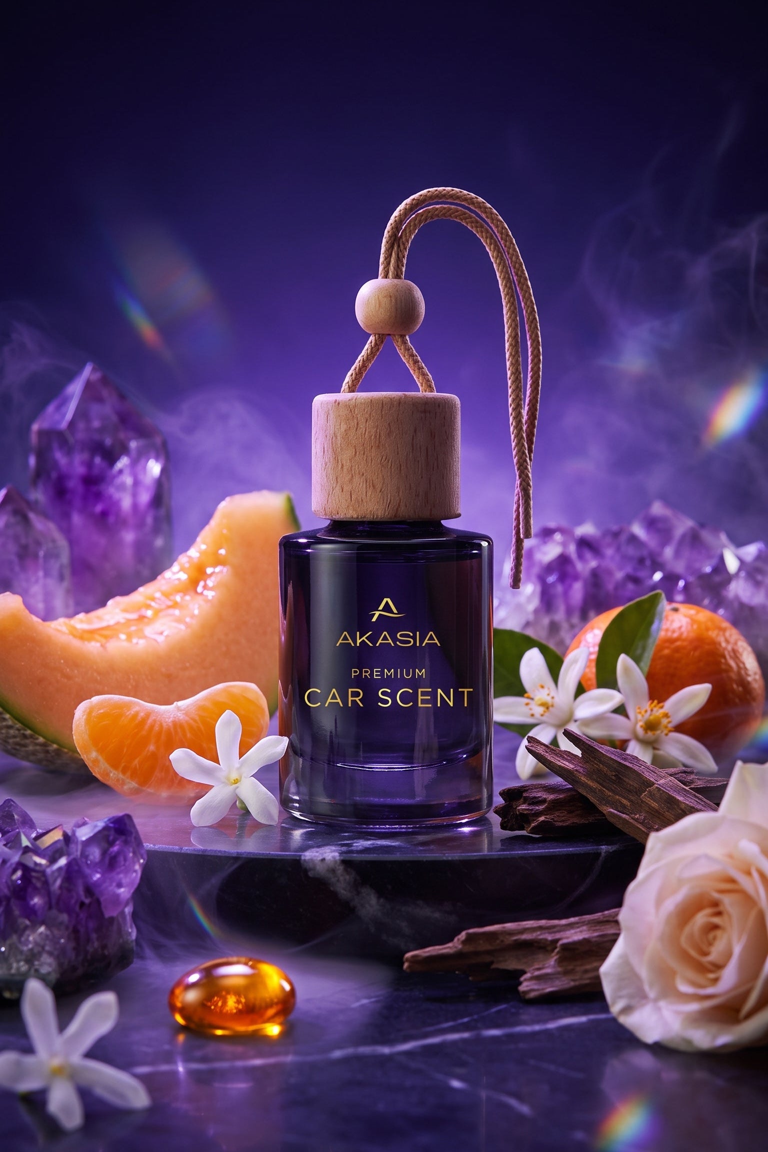 A bottle of Avasia Premium Car Scent displayed in a styled setting with purple crystals, orange slices, white flowers, cinnamon sticks, and a rose on a dark reflective surface.