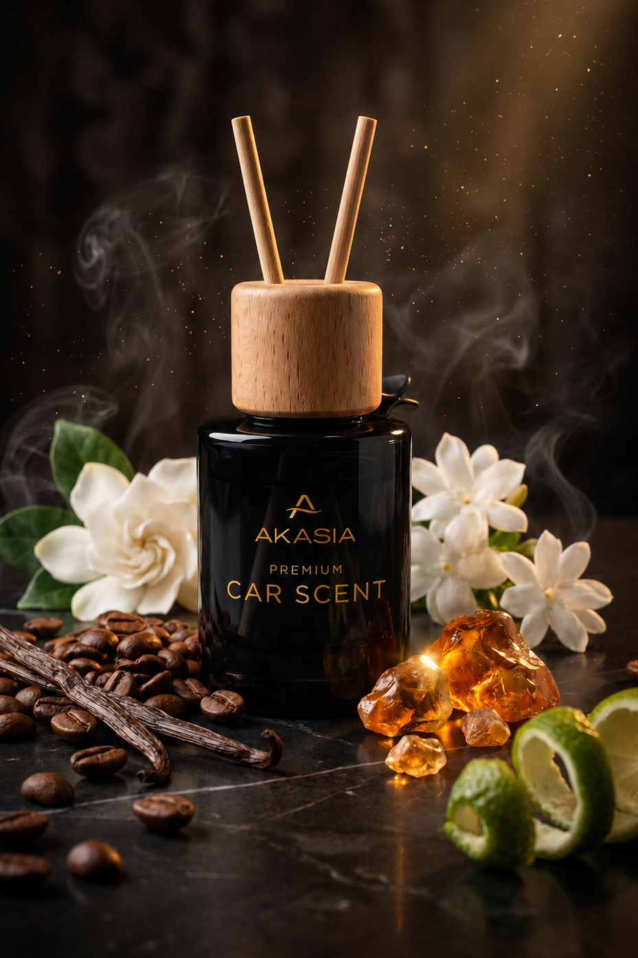 A black glass bottle of Akasia Premium Car Scent with a natural wood reed diffuser top and two reeds, styled on a dark surface with coffee beans, vanilla beans, white flowers, amber crystals, and lime slices.