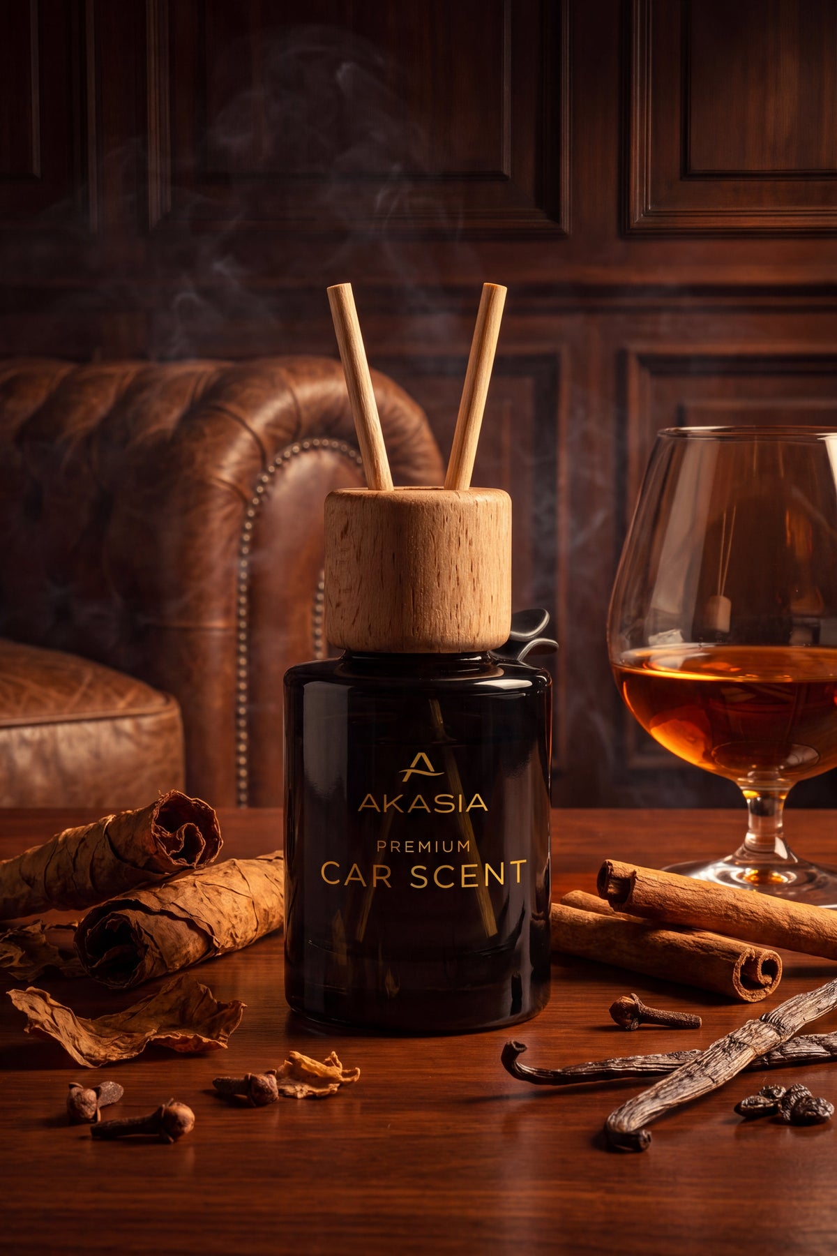 A black glass car scent diffuser bottle with a light wood top and two reeds, labeled AKASIA PREMIUM CAR SCENT, on a wooden table with cinnamon sticks, a glass of amber liquor, and a leather chair in the background.