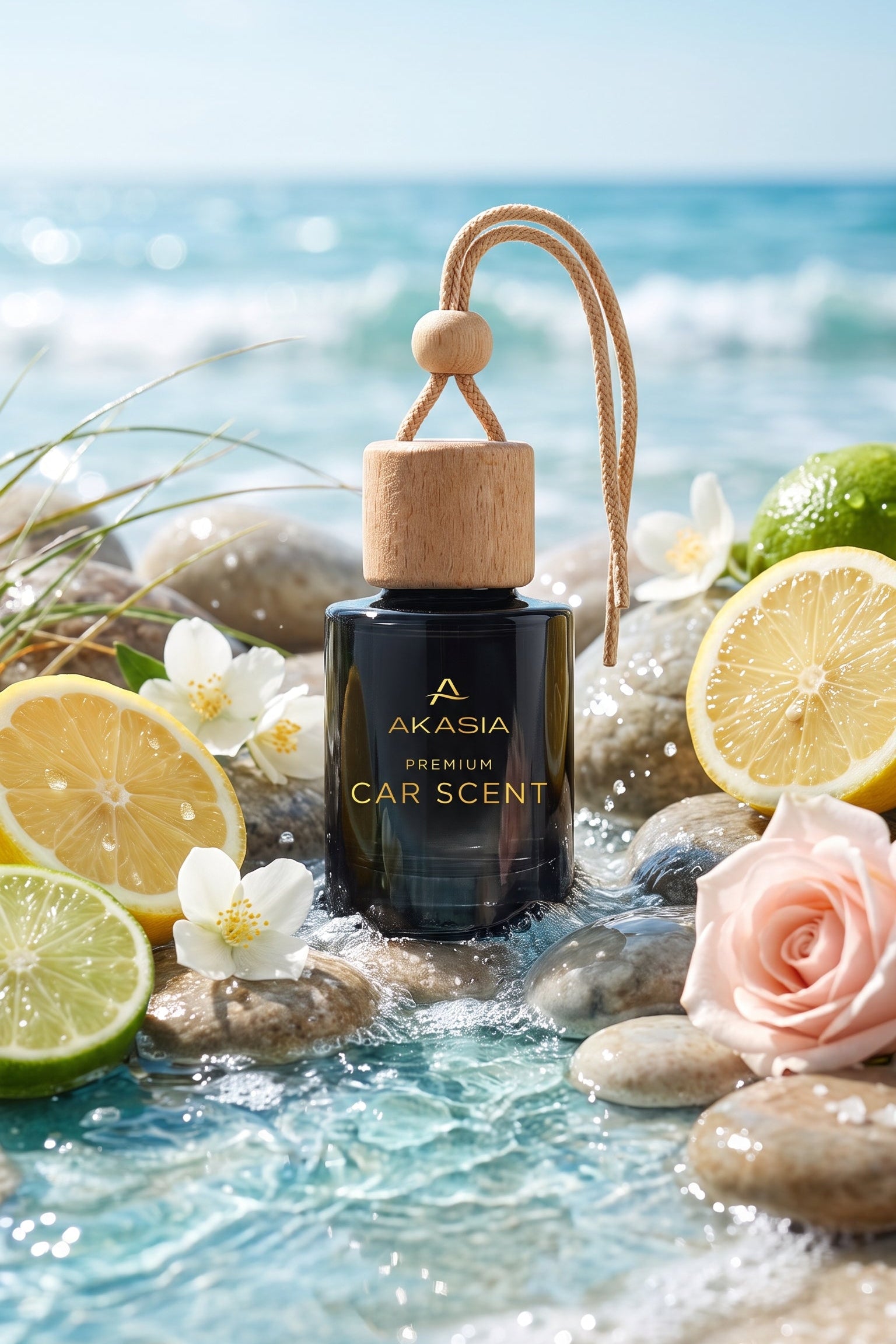 Akasia Premium Car Scent bottle with a natural wood cap and leather loop, styled on a beach with ocean water, lemons, white flowers, and a pink rose.